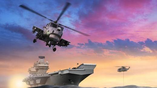 رسم فني لطوافتي AW 159W و AW101 Merlin تحلقان فوق حاملة الطائرات HMS Prince of Wales. الصورة: Leonardo