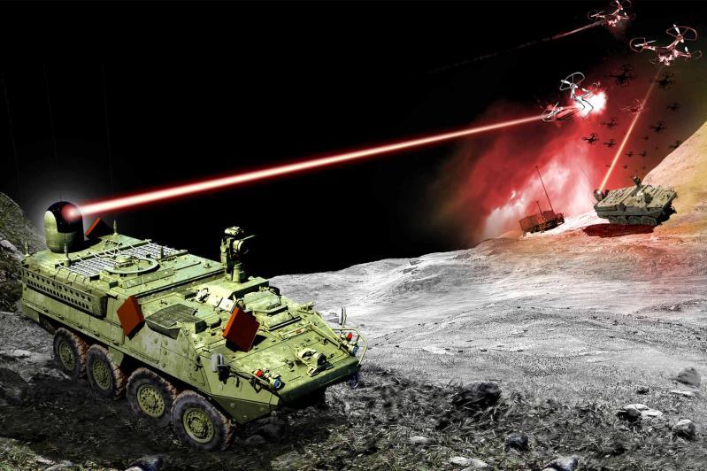 يمضي الجيش الأميركي قُدُماً في خططه لمَيْدَنة جهاز ليزري عالي الطاقة بقوة 50 كيلواط على متن عربة «سترايكر» Stryker ثُمانية الدفع في العام 2023. الصورة: GDLS