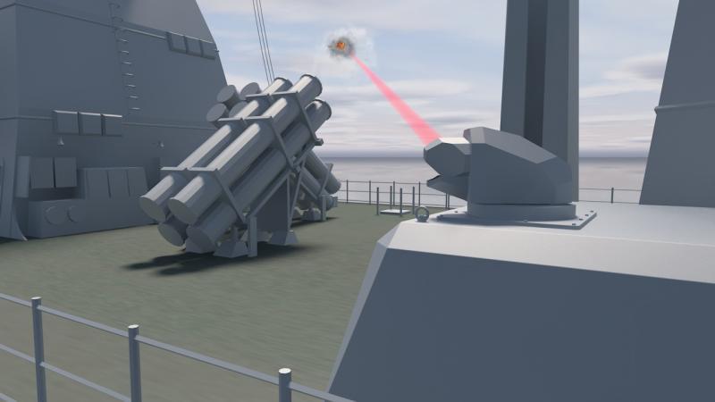 رسم فني للسلاح الليزري العالي الطاقة في البيئة البحرية.  الصورة:  Rheinmetall و MBDA