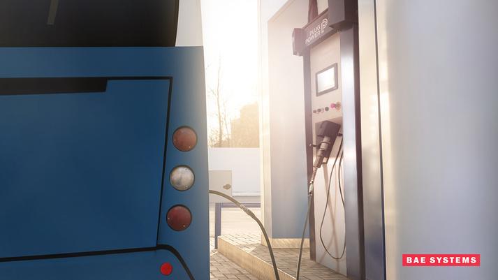 Transit bus being fueled by hydrogen dispenser. BAE Systems is collaborating with Plug Power to offer hydrogen-based electric propulsion systems for transit bus fleets.