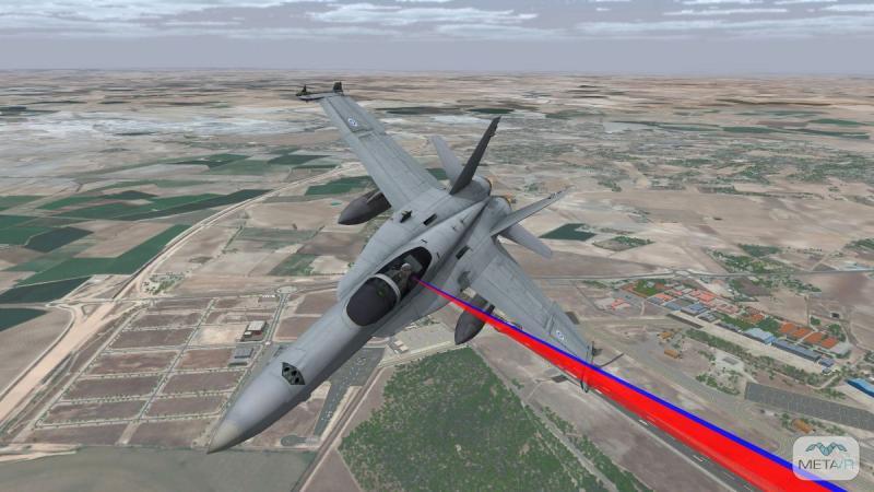 MetaVR VRSG real-time scene visualizing the gaze of the wearer of a Varjo XR-3 mixed-reality headset through the collection of eye-tracking data. The scene features an FA-18C entity with Finnish markings in flight over 3D terrain of Albacete Air Base, Spain.