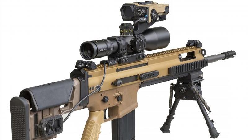 FN Elity® Ballistic Calculator mounted on FN SCAR®-H TPR Tactical Precision Rifle, here fitted with optional scope and bipod