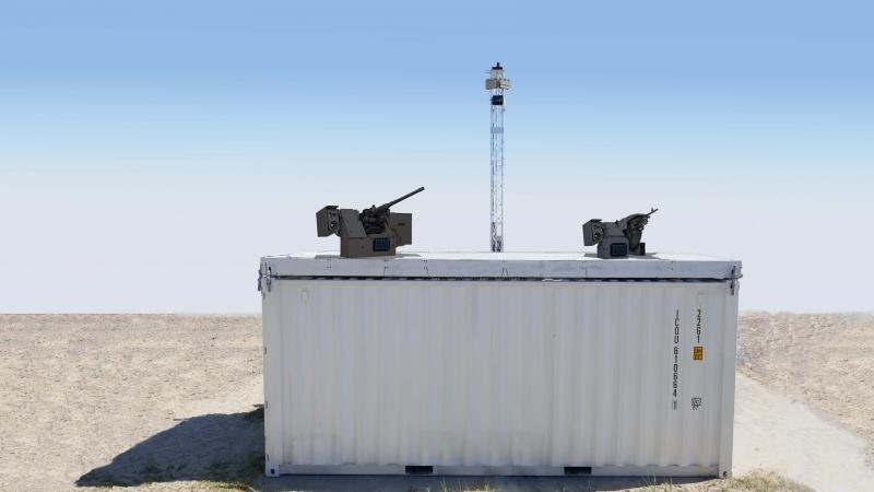 FN Herstal perimeter defence system, integrating deFNder® remote weapon stations, a range of sensors that communicate with command and control server based on the container