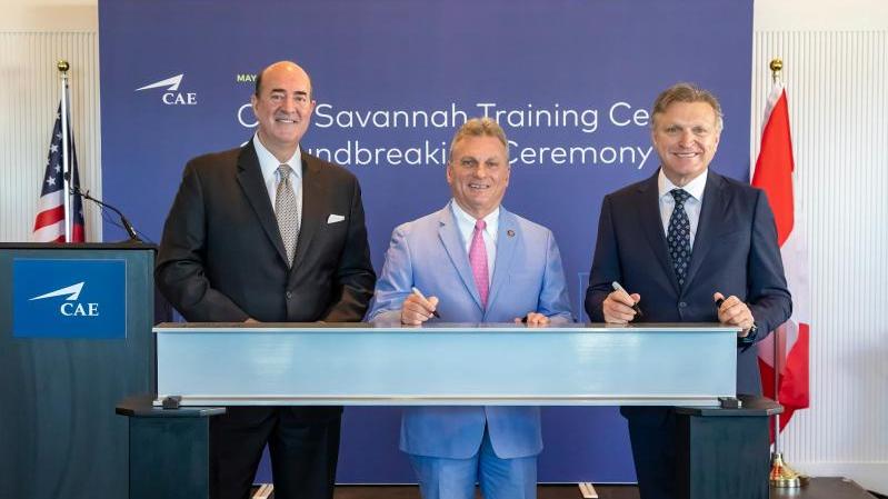 Gulfstream Aerospace President Mark Burns (left), Congressman Buddy Carter (centre), and CAE President and CEO Marc Parent (right) at the ceremonial ground breaking of the CAE Savannah Training Centre.