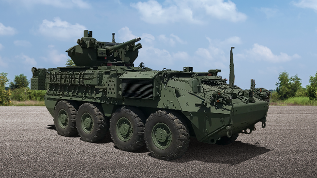 ناقلة جند مدرعة طراز Stryker مجهزة بنظام سلاح متوسط عيار 30 ملم MCWS. الصورة: Oshkosh Defense