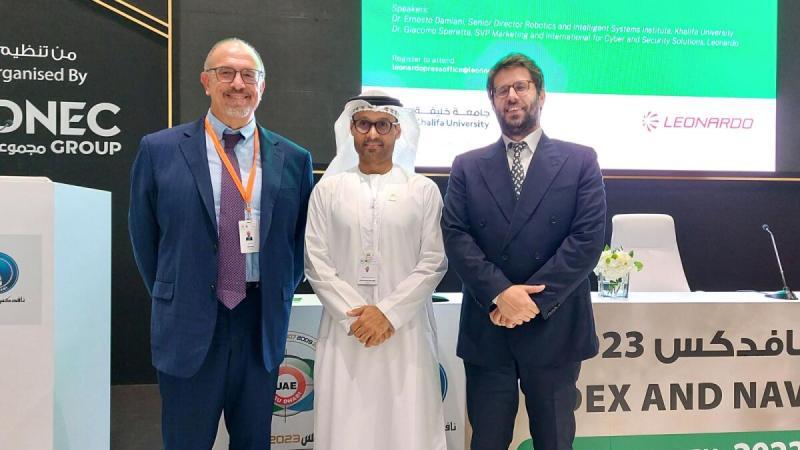 In the picture, from left     Dr. Ernesto Damiani, Senior Director Robotics and Intelligent Systems Institute, Khalifa University  H.E. Dr. Mohamed Hamad Al-Kuwaiti, Head of the UAE Cybersecurity Council  Dr. Giacomo Speretta, SVP Marketing and International for Cyber and Security Solutions, Leonardo
