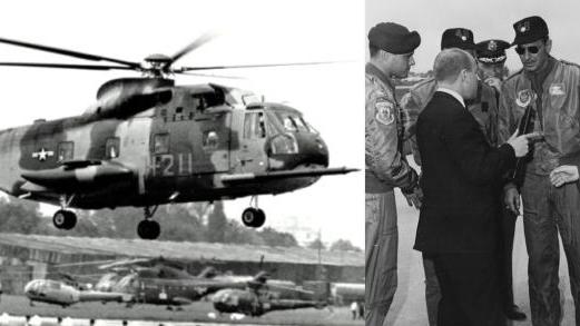 In 1967, two HH-3E helicopters made the first non-stop helicopter flight across the Atlantic Ocean from New York to the 27th Paris Air Show. Igor Sikorsky (right) and his son, Sergei, welcomed the U.S. Air Force crew. Images courtesy Sikorsky Archives.