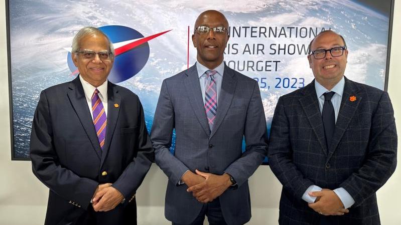 GE Aerospace and Clemson University officials at Paris Air Show (from left): Dr. Rajendra Bordia, chair professor of Ceramics and Materials Engineering at Clemson University;Tony Mathis, president and chief executive of GE Edison Works; Dr. Kyle Brinkman, chair of the Department of Materials Science and Engineering at Clemson University.