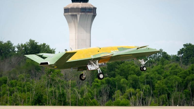 The MQ-25A Stingray takes off from MidAmerica St. Louis Airport