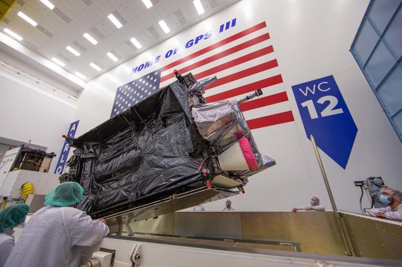 GPS III SV04 being packed to ship to Cape Canaveral for launch
