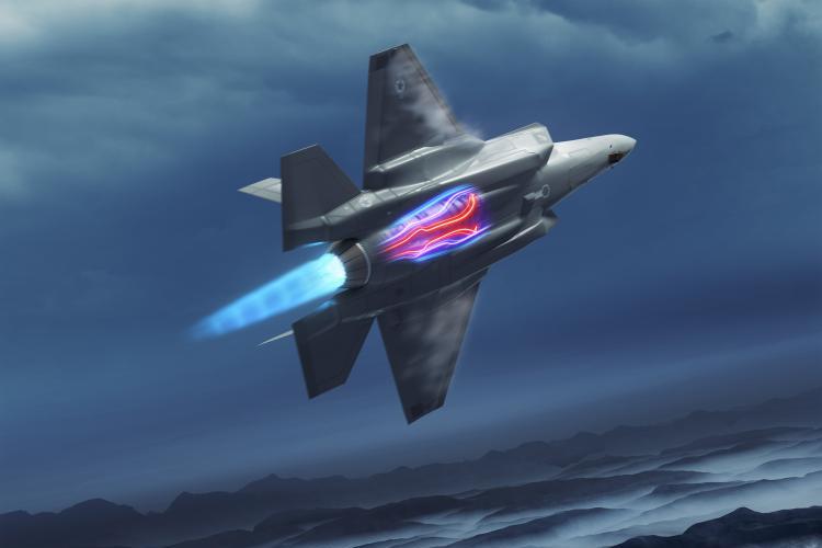 رسم فني لمقاتلة F-35 LIGHTING II مزودة بمحرك XA100 صنع شركة GE Aviation. من شأن المحرك XA100 أن يضاعف فترة تحليق F-35 لنحو 50 بالمئة ومداها نحو 35 بالمئة. كما سينخفض استهلاك الوقود بنحو 25 بالمئة. الصورة: GE Aviation