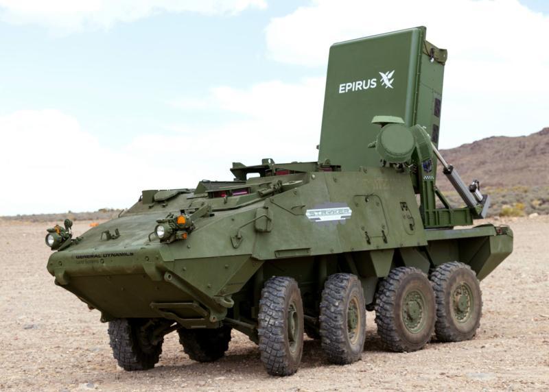 هوائي Leonidas صنع شركة EPIRUS مركّباً على عربة Stryker  من GDLS